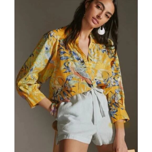 Anthropologie Maeve Balloon Sleeve Tropical Bird Button Down Shirt Size XS - Picture 1 of 10